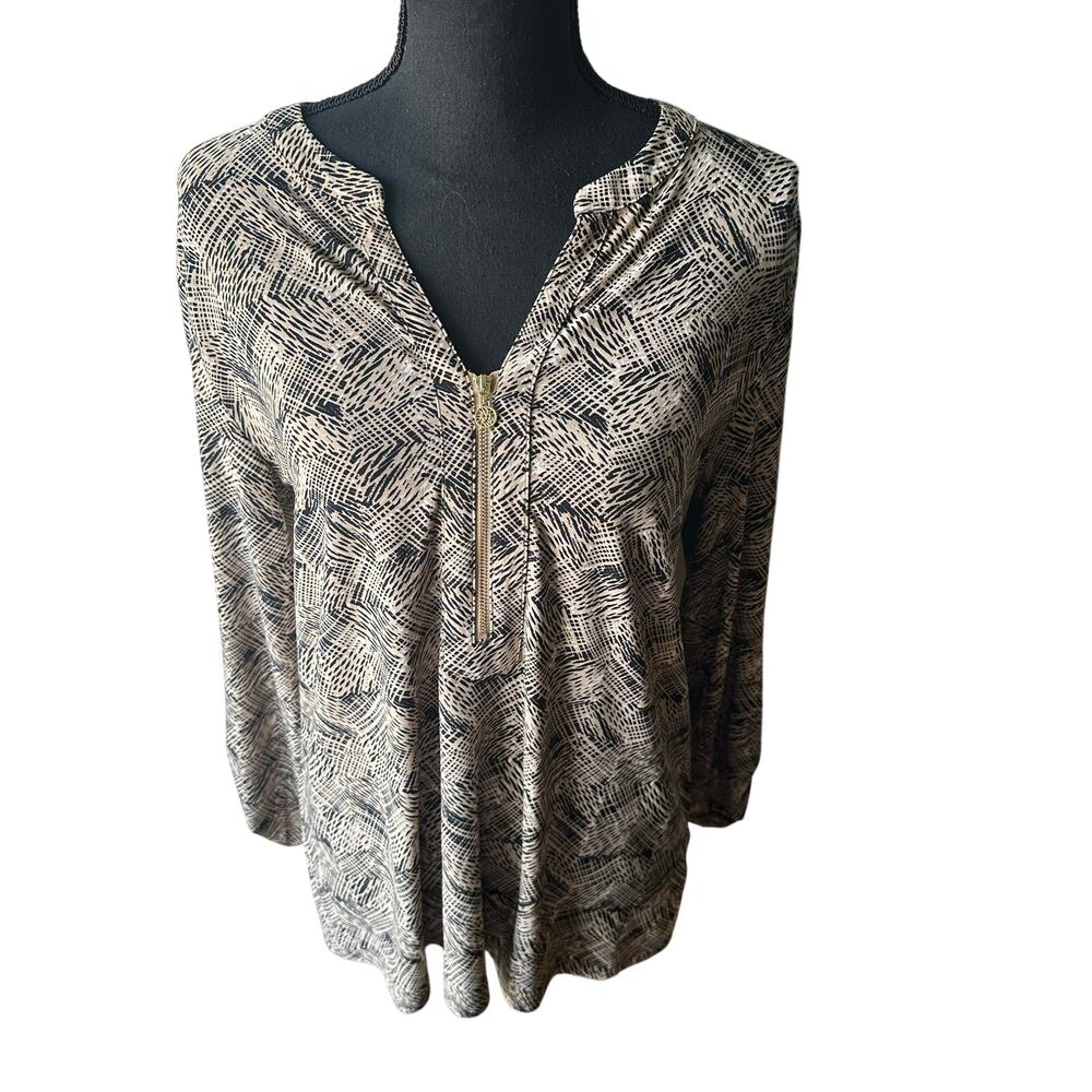 Anne Klein Zebra Print Blouse L Gold Zip V Neck Long Sleeve Flowy Top